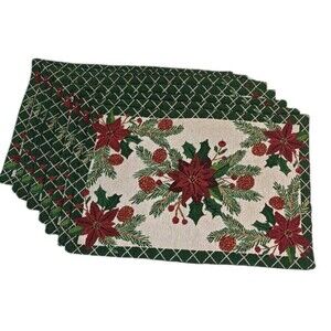 Poinsettia And Berries Embroidered Table Placemats Christmas Winter Family